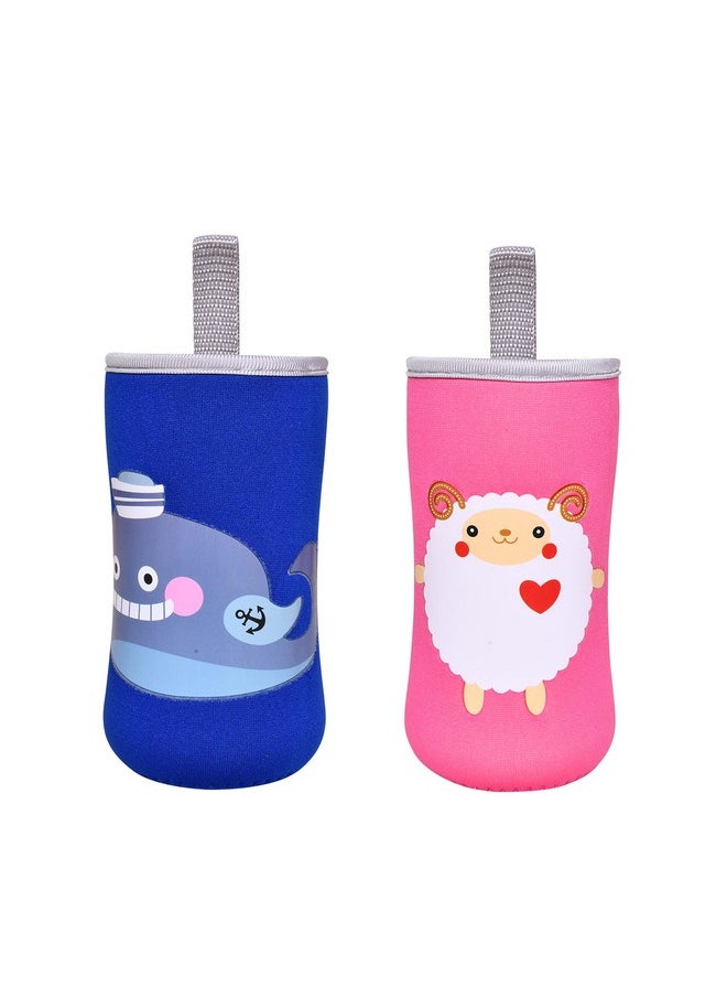 THE LITTLE LOOKERS Cute Animated Patterned Soft Stretchable Baby Feeding Bottle Cover with Easy to Hold Strap for 120ml, 150ml, 240ml (Fish & Sheep, Pack of 2)