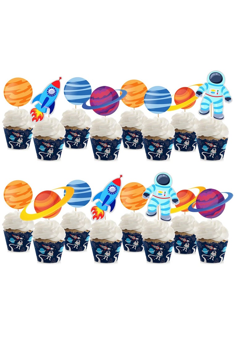 Party Propz Space Theme Cupcake Topper - 24Pcs Space Theme Birthday Decoration | Happy Birthday Cake Topper for Space Birthday Supplies | Space Theme Cake Toppers | Space Theme Cake Decoration