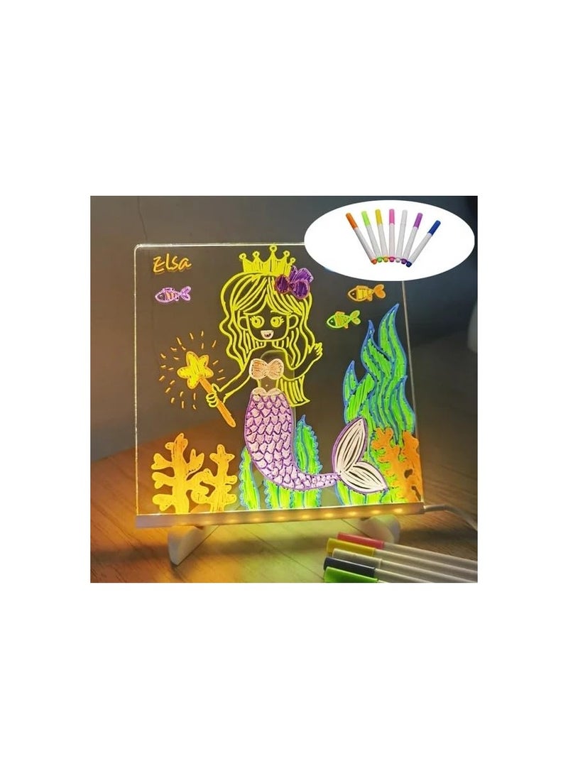 LED Colorful Note Board, Acrylic Light-Up Dry Erase Board with Stand, Glow Memo Message Board, 15CM x 15CM, Includes 7 Markers for Creative Writing and Display.