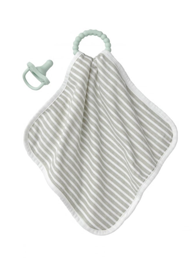 Lovey Blanket With Beaded Teether Ring And Happypaci 100% Silicone One-Piece Pacifier, Soothing Security Blanket Set For Baby, Grey Stripes, 0 Months +