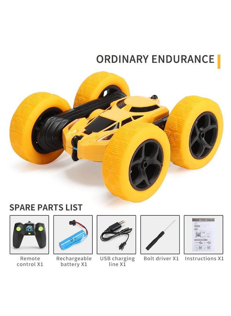 1 x 5 pcs Dual-Sided Stunt Car 360° Rotation Light-Up RC Toy Yellow