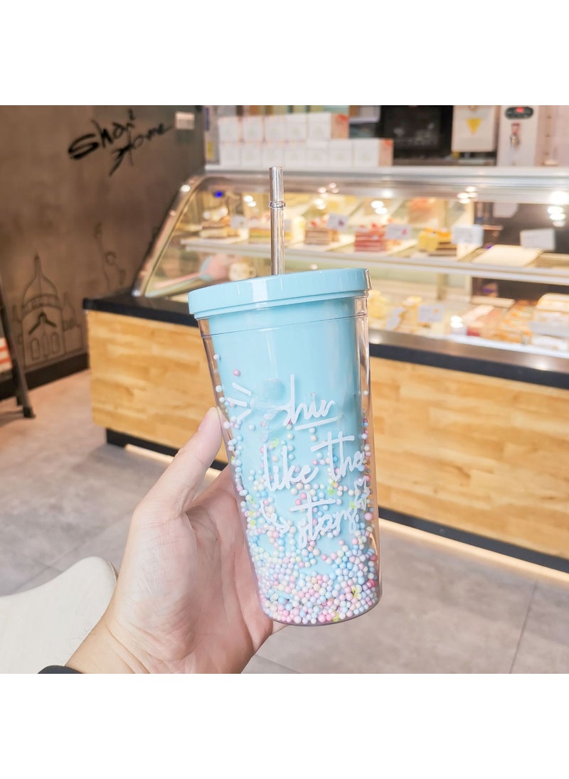 1 x 5 pcs New Rainbow Plastic Cup with Straw for Women 9418 Blue