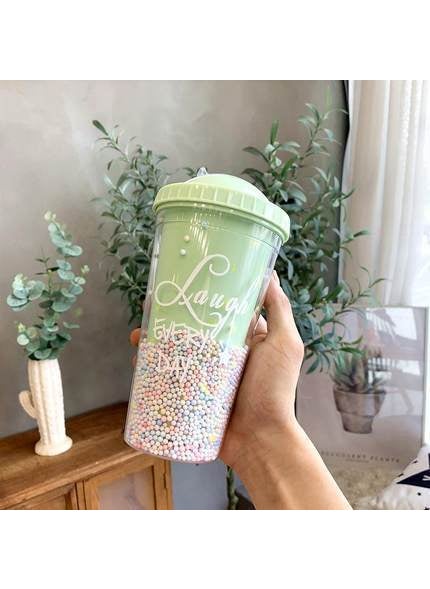 1 x 5 pcs New Rainbow Plastic Cup with Straw for Women 9405 Green