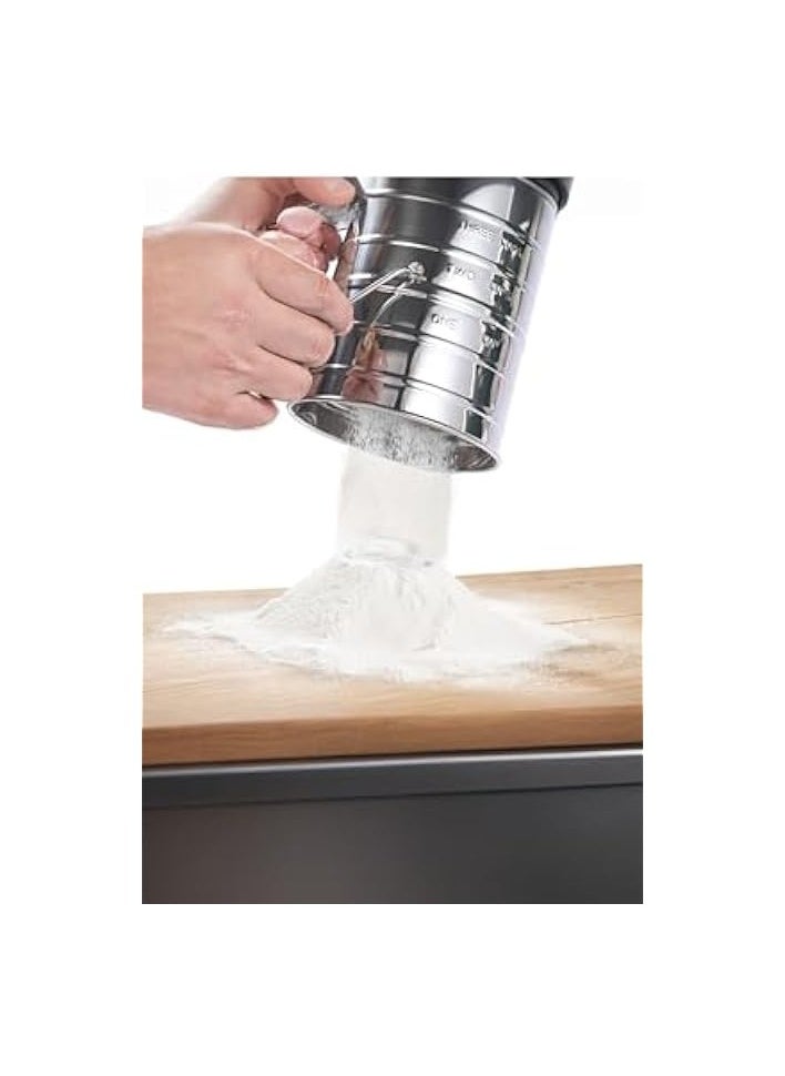 Efficient Flour Sifter for Baking | Fine Mesh Rotary Hand Crank | Stainless Steel Construction | Quick Sifting for Cakes & Spices | Loop Agitator for Texture