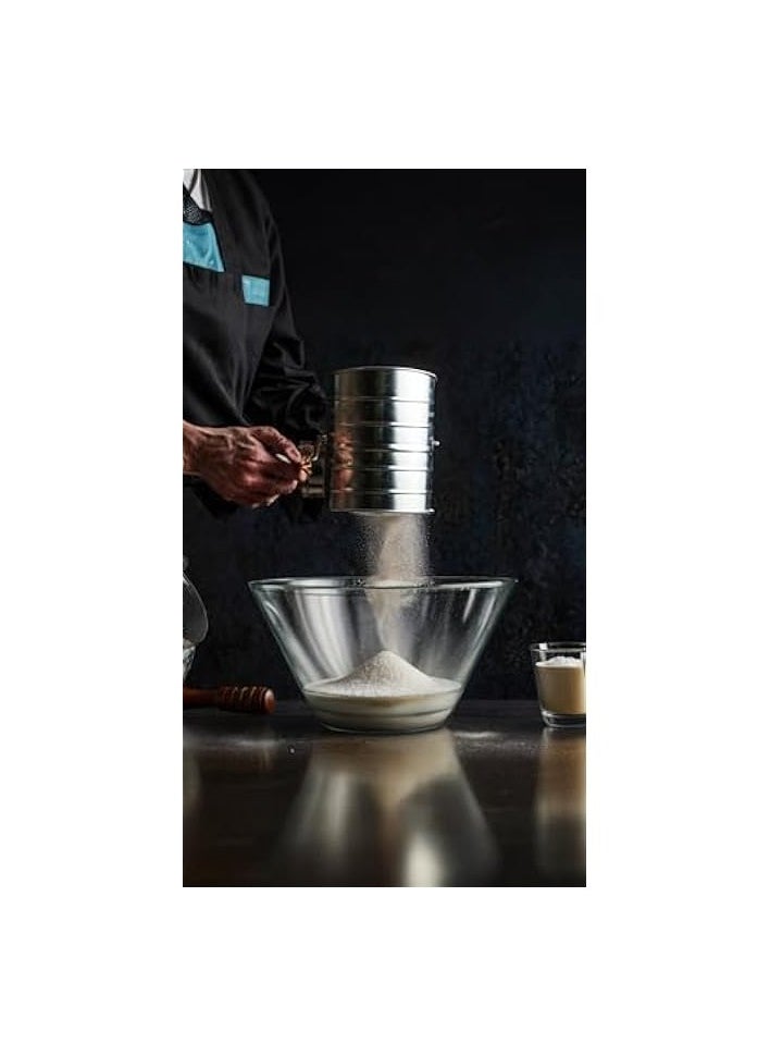 Efficient Flour Sifter for Baking | Fine Mesh Rotary Hand Crank | Stainless Steel Construction | Quick Sifting for Cakes & Spices | Loop Agitator for Texture