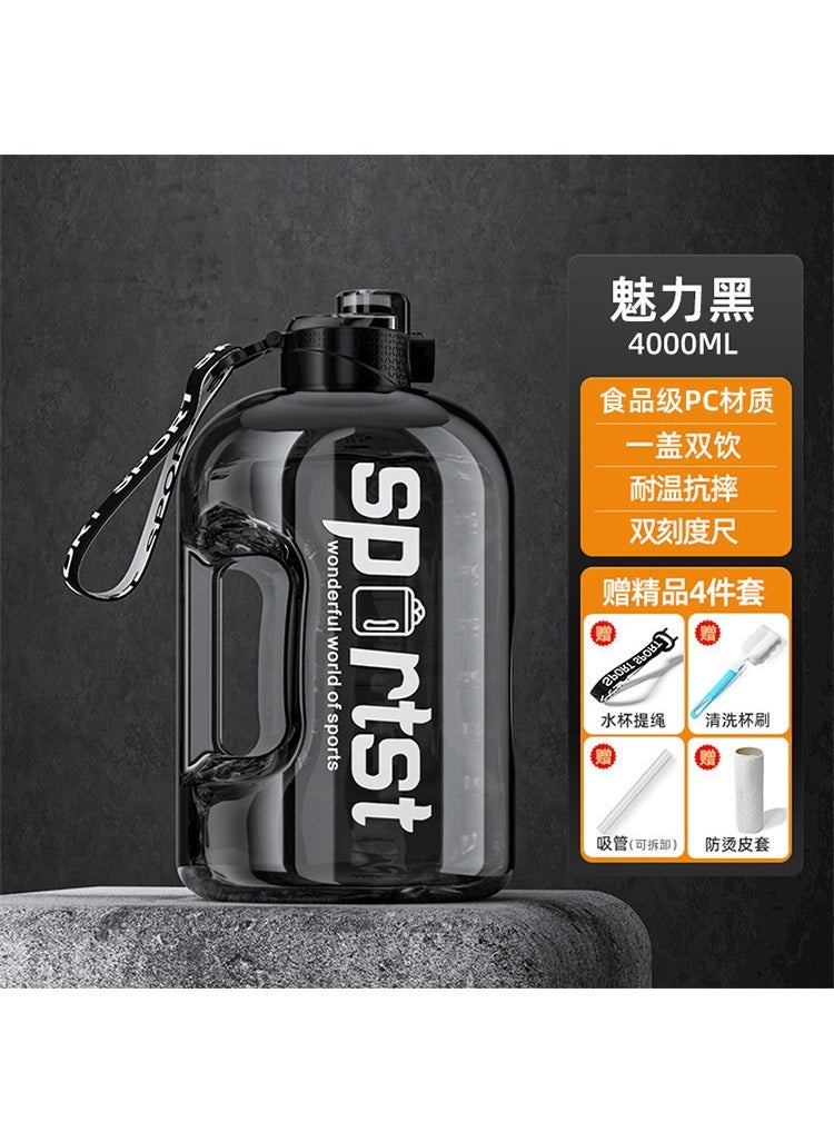 Large Capacity Sports Water Bottle for Fitness 4.0L black [send Cup brush + rope + straw + leather case]]