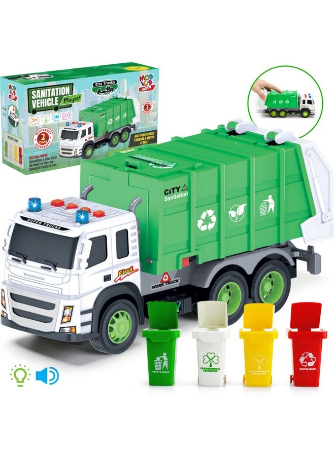 Garbage Truck Friction-Powered - 1:12 Scale Large Size Truck W/Sounds, Lights, Loader, 4 Trash Cans For Learning Waste Management Recycling Toy For Toddlers, Boys, Girls 3 4 5 Years Old