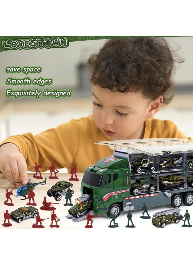 44Pcs Large Military Truck Set, 13Pcs Mini Die-Cast Military Toy Cars In Carrier Truck With 30Pcs Army Men Toy Soldiers For Kids Boys Birthday Party Favors