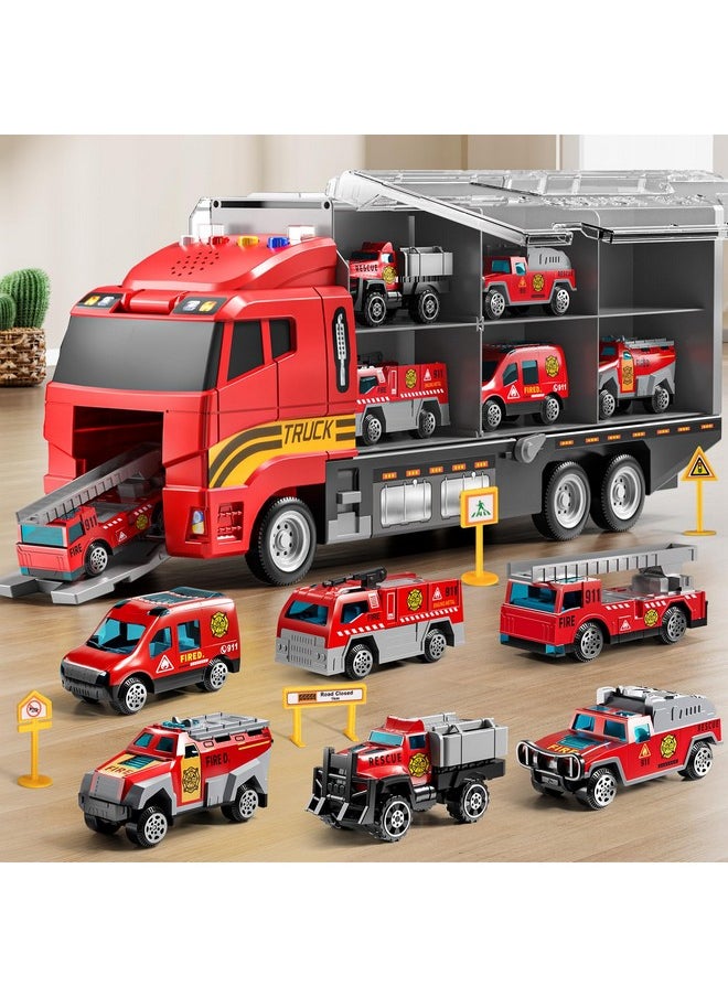 Fire Truck Toy Set With Play Mat, Carrier Truck Toys For Kids Toddlers, Die-Cast Metal Toy Car Set, Truck Car Kids Toys Christmas Birthday Gift For Age 3 4 5 6 + Years Old Boys Girls