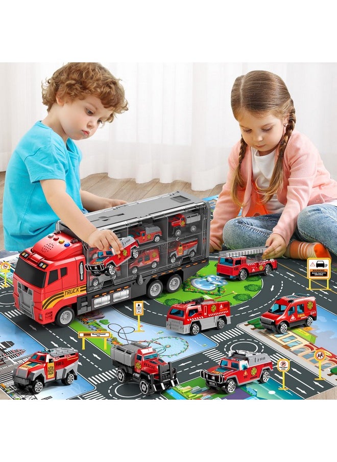 Fire Truck Toy Set With Play Mat, Carrier Truck Toys For Kids Toddlers, Die-Cast Metal Toy Car Set, Truck Car Kids Toys Christmas Birthday Gift For Age 3 4 5 6 + Years Old Boys Girls