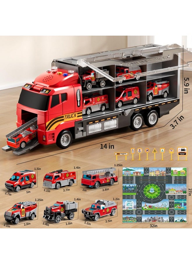 Fire Truck Toy Set With Play Mat, Carrier Truck Toys For Kids Toddlers, Die-Cast Metal Toy Car Set, Truck Car Kids Toys Christmas Birthday Gift For Age 3 4 5 6 + Years Old Boys Girls