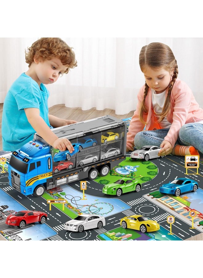 Transport Truck Toy Set With Play Mat, Carrier Truck Toys For Kids Toddlers, Die-Cast Metal Toy Car Set, Truck Car Kids Toys Christmas Birthday Gift For Age 3 4 5 6 + Years Old Boys Girls