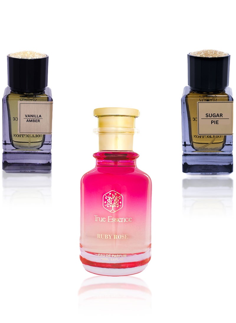 True Essence Combo Pack of 3 Ruby Rose 100 ml For Women, Sugar Pie And Vanilla Amber 50 ml Eau De Parfum For Unisex 1.7 FL.OZ