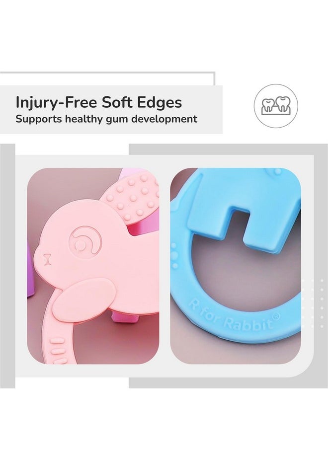 Tiny Bites Zoobie Teether For Baby Of 4 Month+ Cute Elephant & Rabbit Shape Food Grade Bpa-Free Soft Silicone Kids Teething Soothing Chewing Toy (Blue-Pink_Pack Of 2)