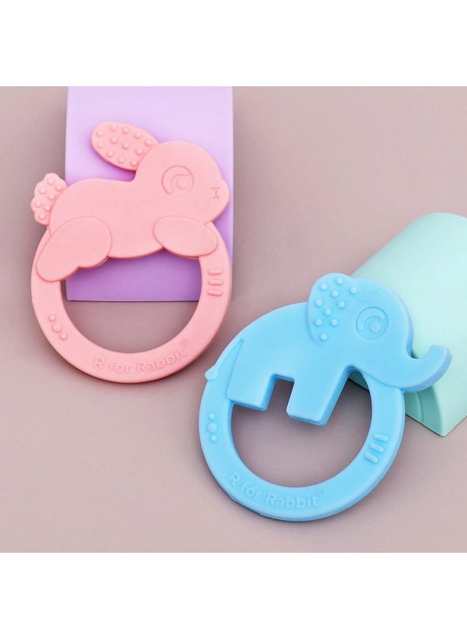 Tiny Bites Zoobie Teether For Baby Of 4 Month+ Cute Elephant & Rabbit Shape Food Grade Bpa-Free Soft Silicone Kids Teething Soothing Chewing Toy (Blue-Pink_Pack Of 2)