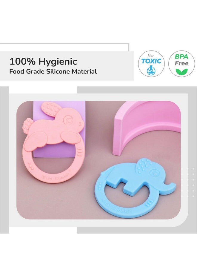 Tiny Bites Zoobie Teether For Baby Of 4 Month+ Cute Elephant & Rabbit Shape Food Grade Bpa-Free Soft Silicone Kids Teething Soothing Chewing Toy (Blue-Pink_Pack Of 2)