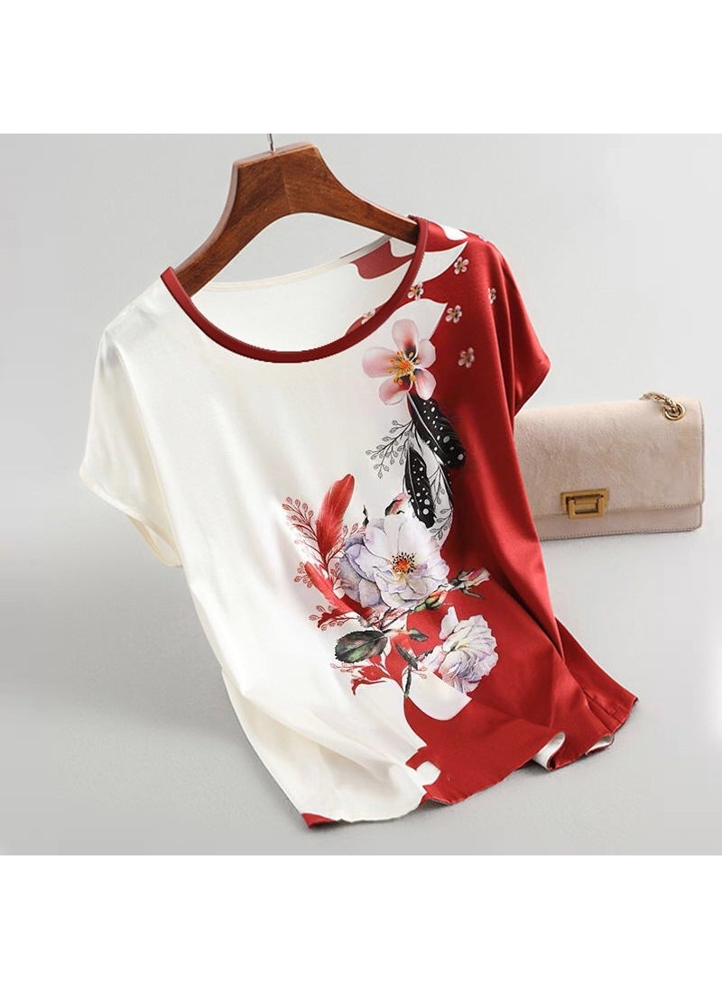 1 x 5 pcs 2023 Elegant Plus-Size Tee for Mature Women Red