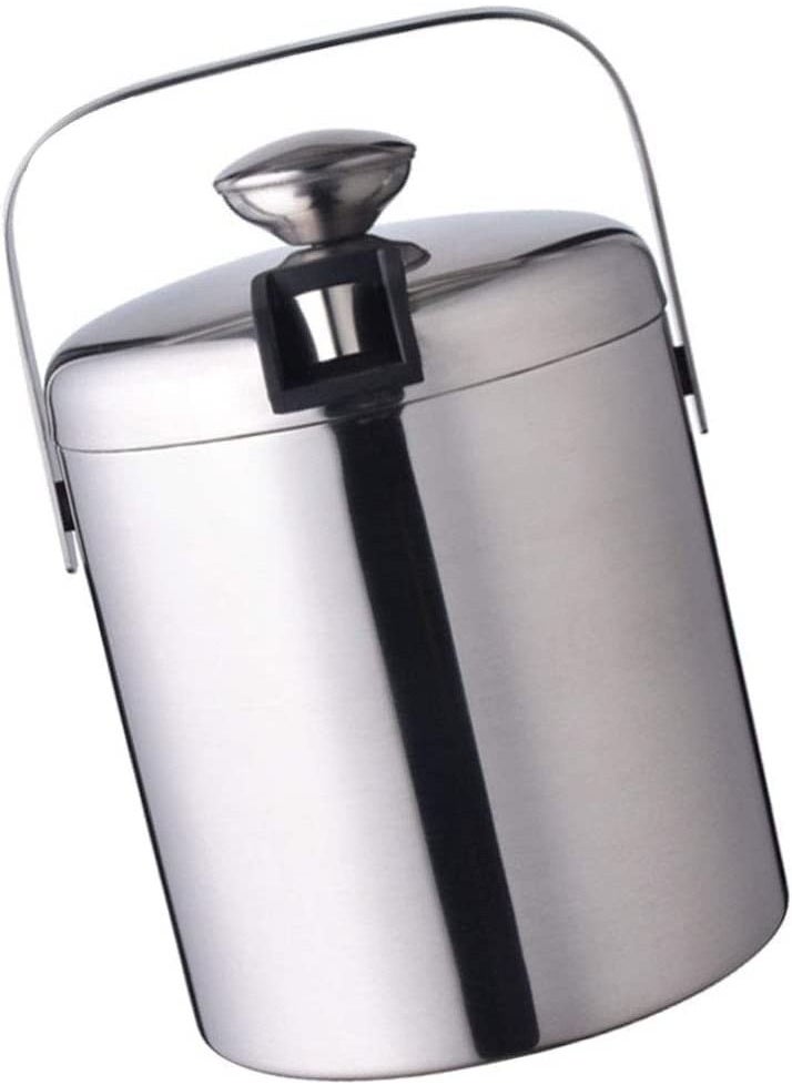 Stainless Steel Ice Cube Container Double-Wall Insulted Bucket with Lid and Tong included Strainer Keeps Cold & Dry Home Bar