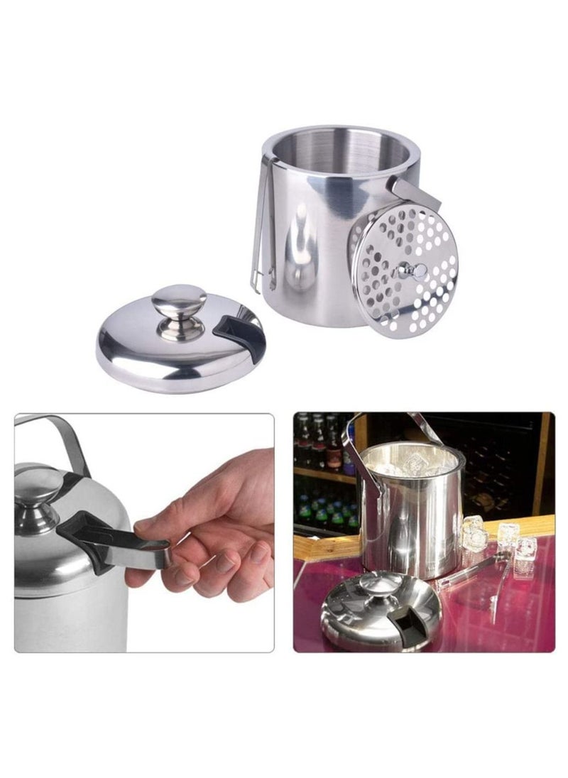 Stainless Steel Ice Cube Container Double-Wall Insulted Bucket with Lid and Tong included Strainer Keeps Cold & Dry Home Bar