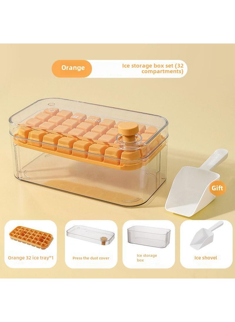 Easy-Press Silicone Ice Cube Mold with Lid Orange 32 grid [single layer ice shovel]]