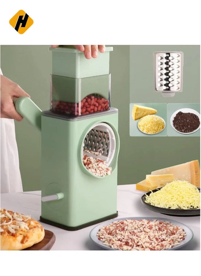 Manual Rotary Cheese Grater Shredder with Wider Hopper 3 Interchangeable Blades Round Mandolin Drum Slicer Julienne Grinder for Cheese, Vegetables, Potatoes and Nuts, Cyan