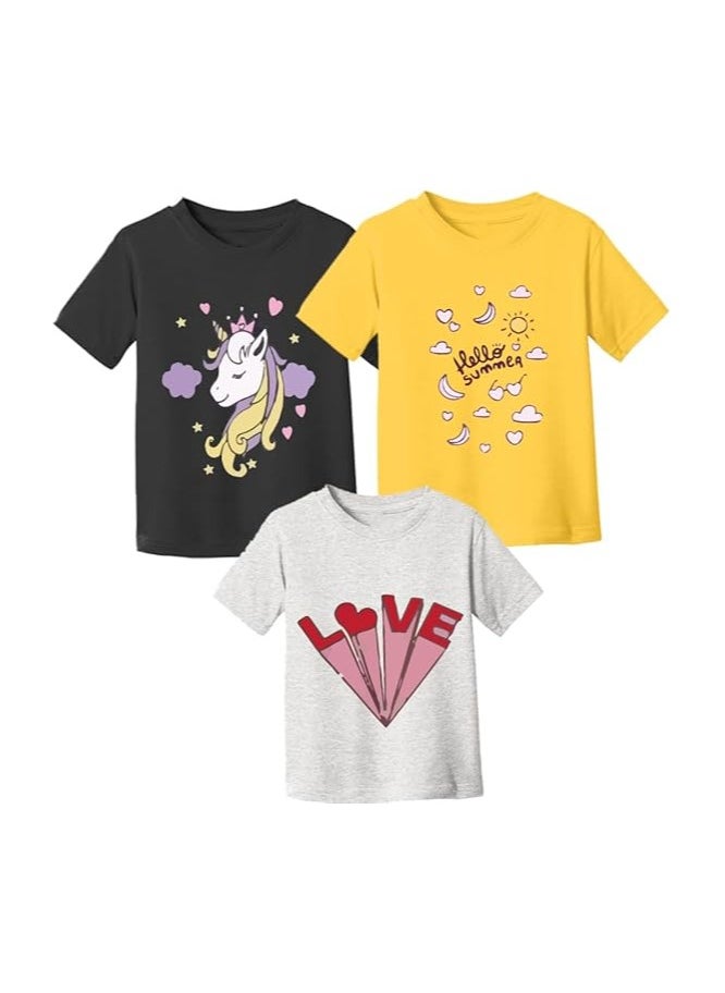 Kids Multi Colour Combo Printed Design T-shirt For Girls-Fashionable Short Sleeve T-Shirt Casual Daily Shirt For Kids-Assorted Colors