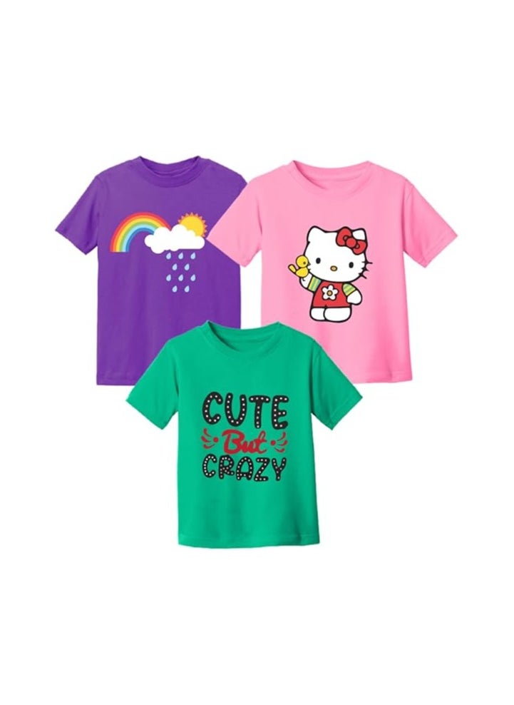 Kids Multi Colour Combo Printed Design T-shirt For Girls-Fashionable Short Sleeve T-Shirt Casual Daily Shirt For Kids-Assorted Colors