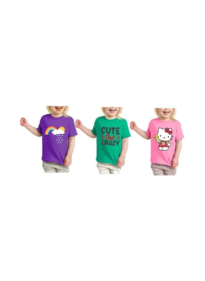 Kids Multi Colour Combo Printed Design T-shirt For Girls-Fashionable Short Sleeve T-Shirt Casual Daily Shirt For Kids-Assorted Colors