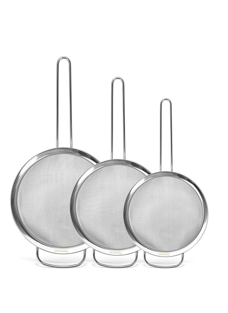 Strainer Sets - 14cm,16cm, 20cm - Stainless Steel Fine Mesh Strainer with Hang Handle - Pack of 3 Kitchen Strainer/Sifter