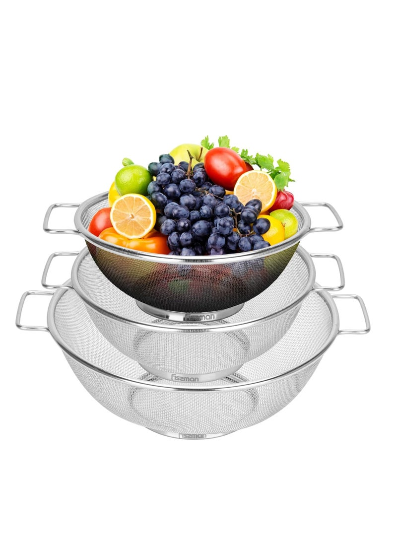 Strainer Sets with Resting Base - 20cm, 22cm, 26cm - Stainless Steel Colander Strainer with Handle with Fine Mesh Basket Strainer for Pasta, Fruits And Vegetables