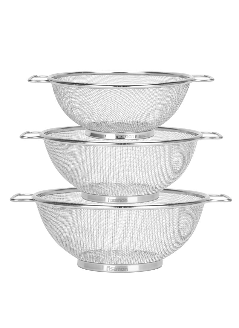 Strainer Sets with Resting Base - 20cm, 22cm, 26cm - Stainless Steel Colander Strainer with Handle with Fine Mesh Basket Strainer for Pasta, Fruits And Vegetables