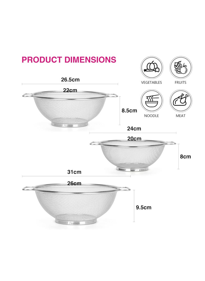 Strainer Sets with Resting Base - 20cm, 22cm, 26cm - Stainless Steel Colander Strainer with Handle with Fine Mesh Basket Strainer for Pasta, Fruits And Vegetables