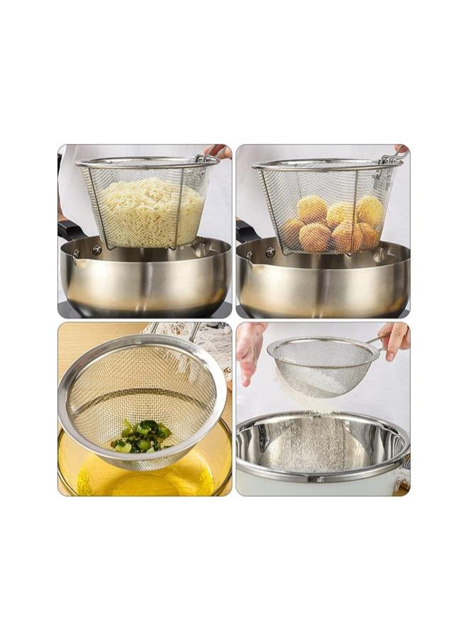 Strainer Basket Stainless Steel Fry Basket with Handle with Handle Fryer Strainer Wire Skimmer for Kitchen Frying Pasta Spaghetti Round Silver Frying Basket