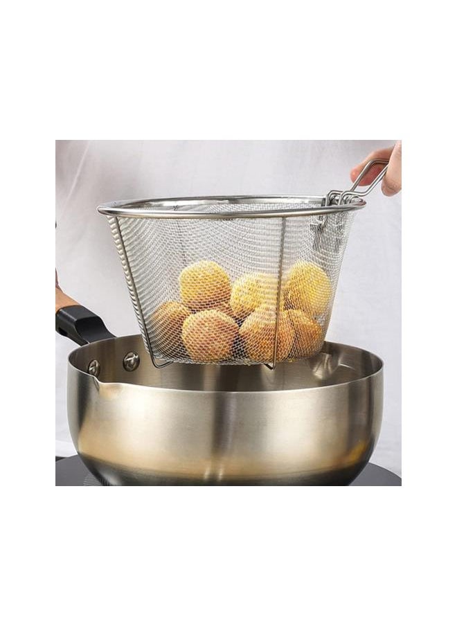 Strainer Basket Stainless Steel Fry Basket with Handle with Handle Fryer Strainer Wire Skimmer for Kitchen Frying Pasta Spaghetti Round Silver Frying Basket