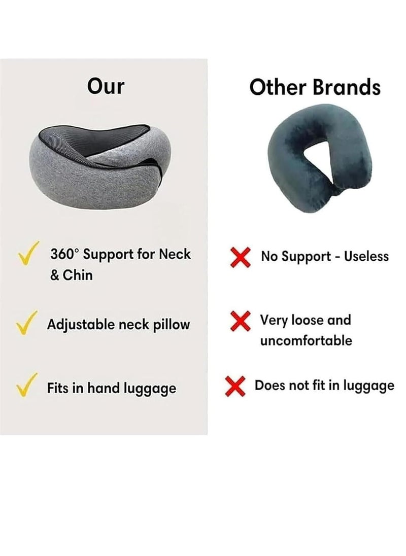 Travel Pillow with Eye Masks and Earplugs, Full Neck Surrounding Memory Foam Travel Pillow for Sleep and Rest On Airplanes, Trains, In Office,Travel, Camping, Car and Home (Grey)