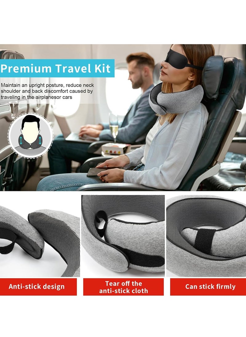 Travel Pillow with Eye Masks and Earplugs, Full Neck Surrounding Memory Foam Travel Pillow for Sleep and Rest On Airplanes, Trains, In Office,Travel, Camping, Car and Home (Grey)