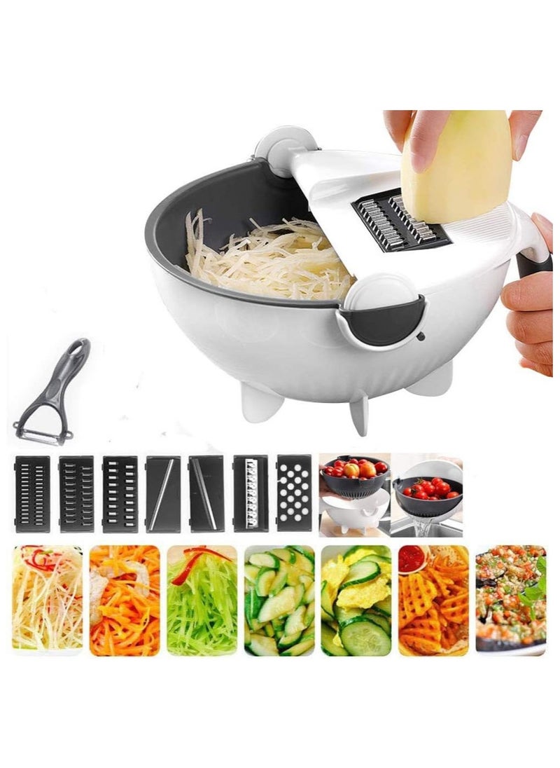 Magic Rotate Vegetable Cutter w/ Drain Basket Manual Vegetable Slicer Draining Basket Multi-functional Kitchen Veggie Fruit Shredder Grater Slicer Rotating Veggie Cutter Drain Bowl Sets Kitchen Tool