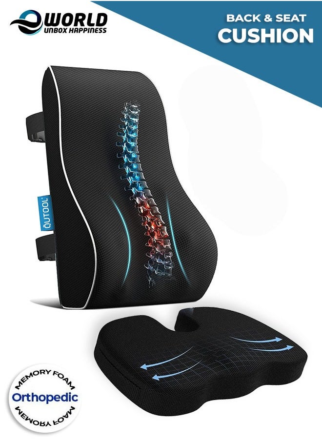 Orthopedic Memory Foam Coccyx Cushion and Lumbar Support Pillow Set, Ergonomic Design for Pain Relief and Posture Correction with Breathable Mesh Cover and Adjustable Straps, Ideal for Office Chairs, Cars, Recliners and More, Black