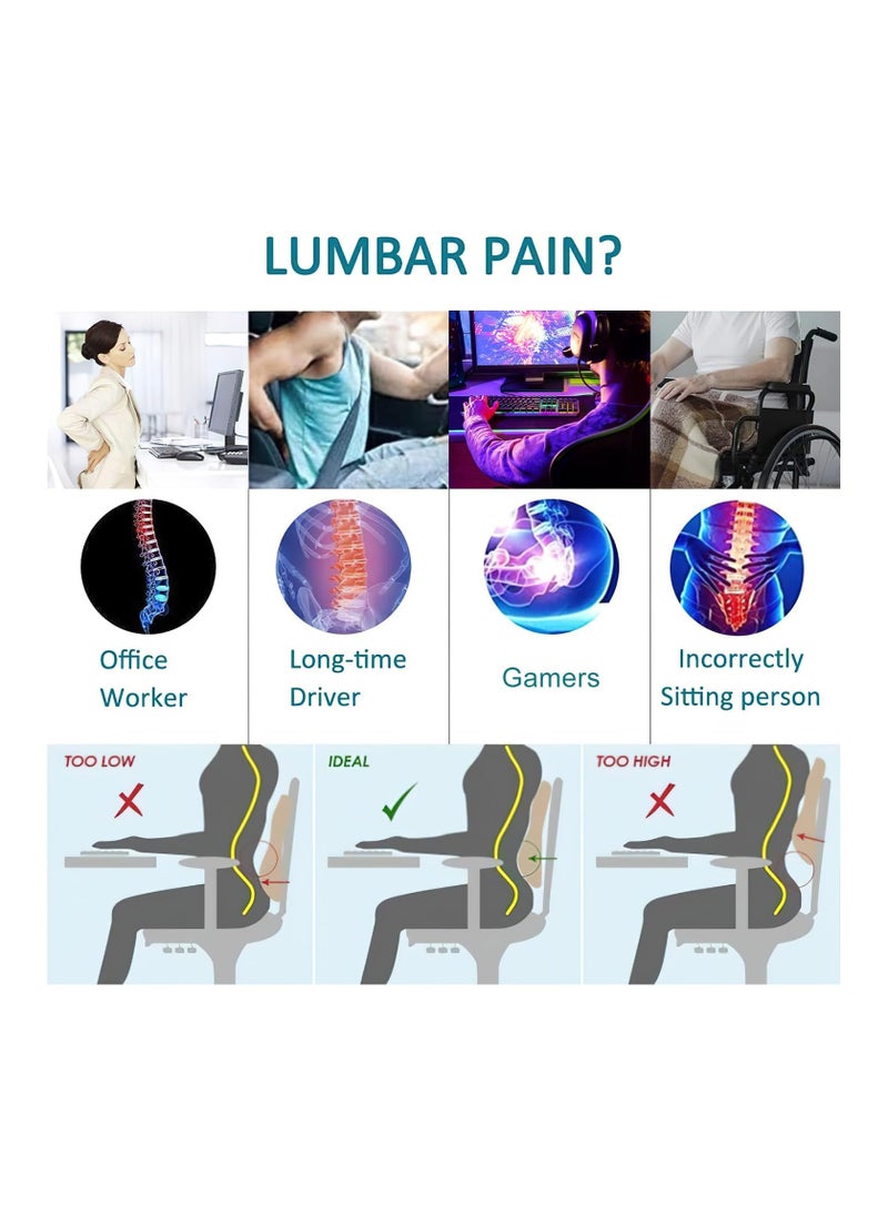 Lumbar Support Pillow for Office Chair Memory Foam Back Cushion for Back Pain Relief Improve Posture Large Back Pillow for Car, Computer Chair, Recliner Breathable Mesh Cover Double Adjustable Straps