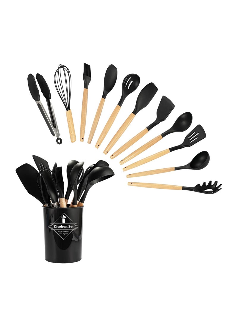 12-Piece Premium Silicone Kitchen Utensil Set with Wooden Handles - Heat Resistant Non-Stick Cookware Tools for Cooking & Baking (Black)