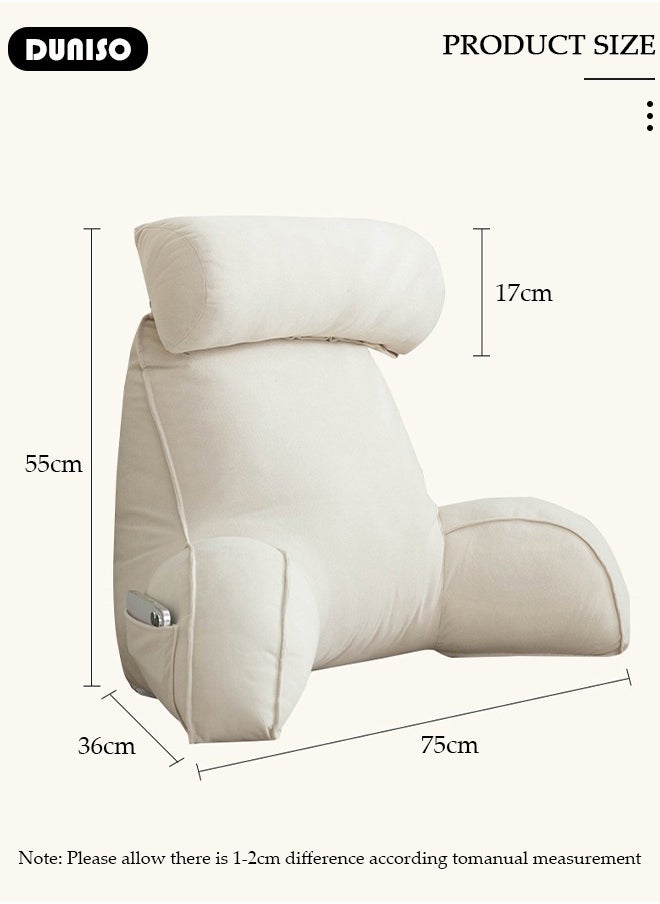 Reading Pillow,Back Support Pillow with Detachable Neck Roll,Large Back Pillow for Sitting Up in Bed,Sit Up Pillow for Bed Chair with Arms, Pockets and Washable Cover for Reading,Watching TV,Gaming,Relaxing