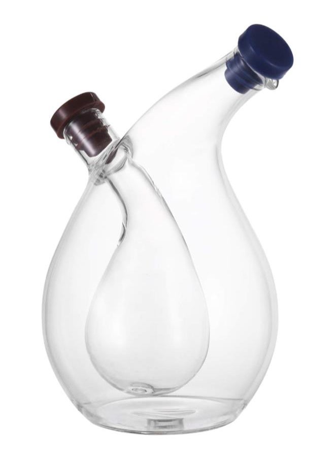 Clear Glass Olive Oil and Vinegar Dispenser Cruet Bottles Double Pourer Spout Stoppers for Cooking - 15.5 x 9.2 x 9.2cm (Round Shape)