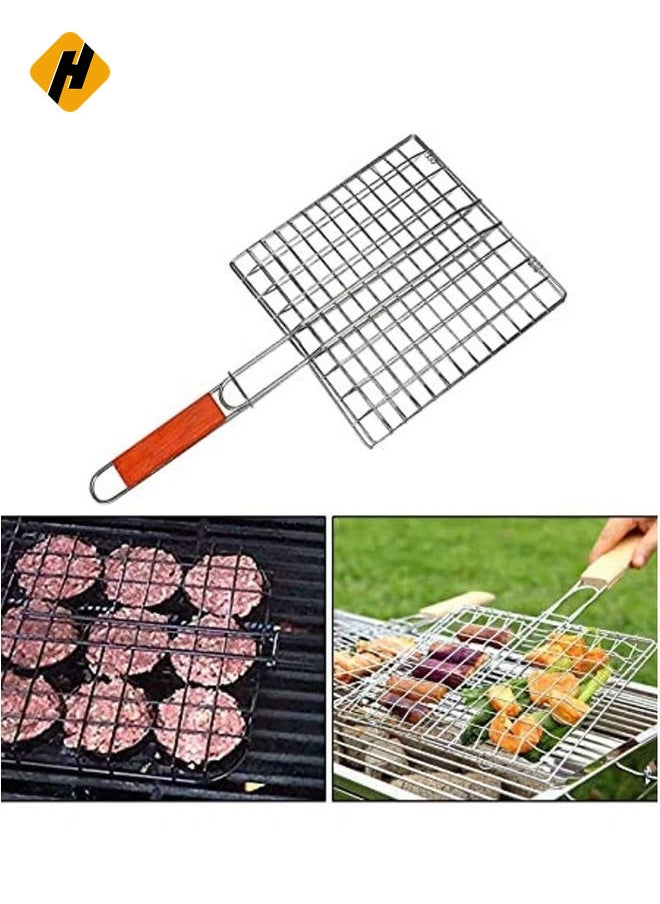 Large Stainless Steel Lightweight Barbecue, Fish, Meat Basket/Grill with Red Wooden Handle-Flexible and Lockable Basket/Grill Grate-Rust Free-Silver Grills