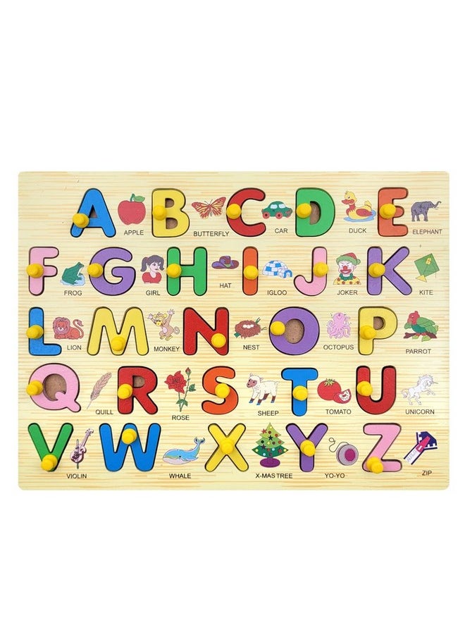 Wooden Uppercase Alphabet With Object Puzzle - Fun Learning Educational Toy | Knobbed | Multicolor | Puzzle Tray For Kids