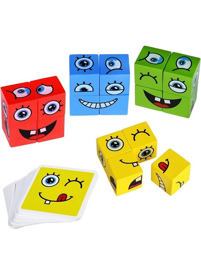 Wooden Emoji Face Changing Cube Puzzle Game Expressions Matching Block Puzzles Building Logical Educational Training Toys 16 Face Blocks & 72 Playing Cards Birthday Gift For Kids Boys Girls