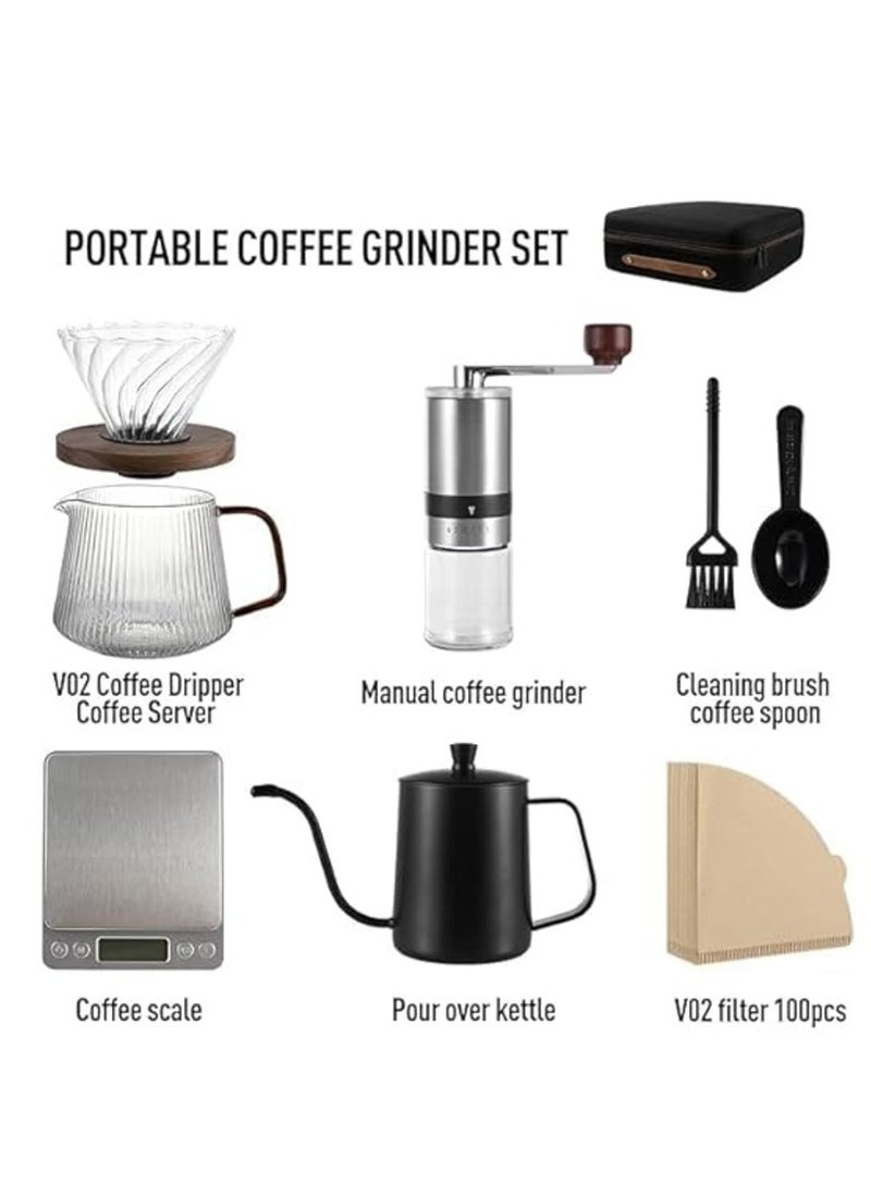 Pour Over Coffee Maker Dripper Set, 600ml Glass Coffee Server Pot Size 02, V60 Glass Coffee Dripper with Wood Stand Dripper for Home Office Carafe Gift-Grey (Premium Kit)