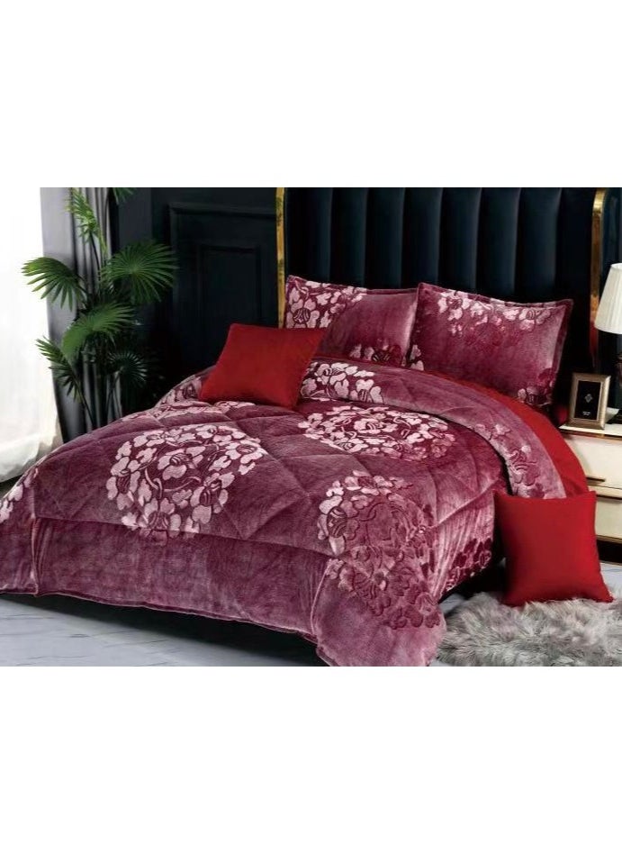 COMFY 6PC FAUX FUR SOFT & LUXURIOUS MAROON FLORAL COMFORTER SET