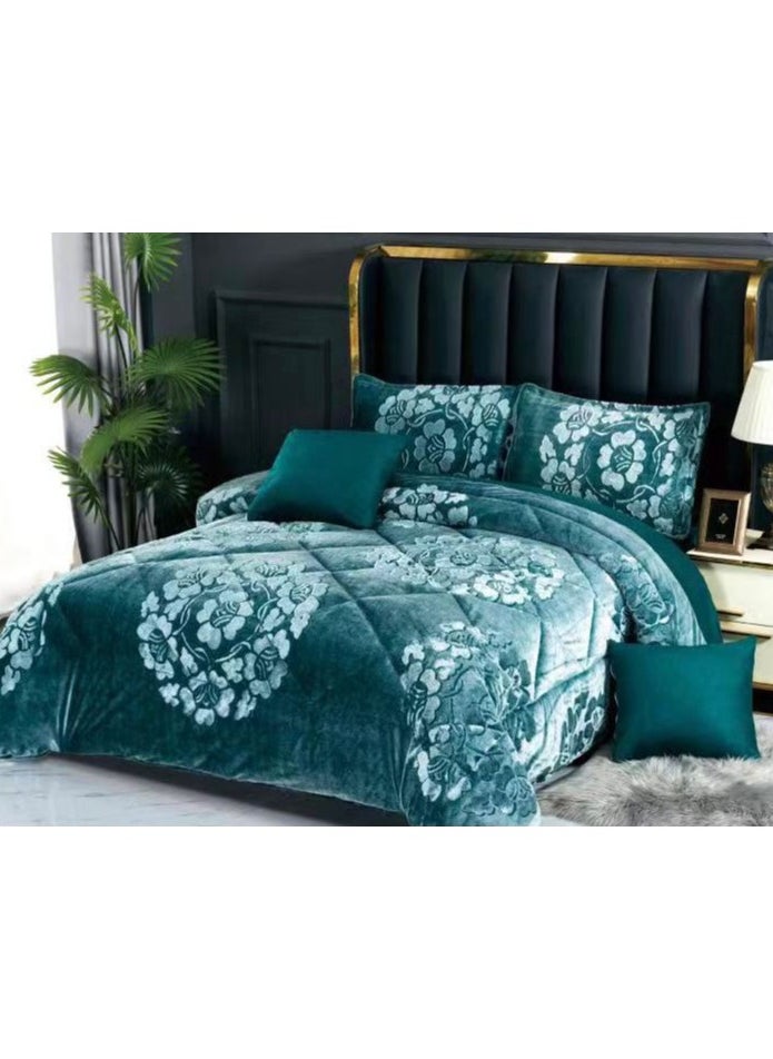 COMFY 6 PC GREEN FLORAL SOFT & LUXURIOUS FAUX FUR COMFORTER SET