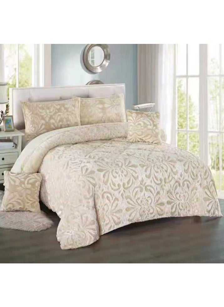 COMFY 6 PC SOFT & LUXURIOUS FAUX FUR WAVE DESIGN BEIGE COMFORTER SET