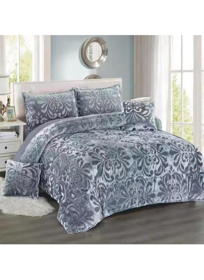 COMFY 6PC SOFT & LUXURIOUS FAUX FUR GREY FLORAL KING SIZE COMFORTER SET